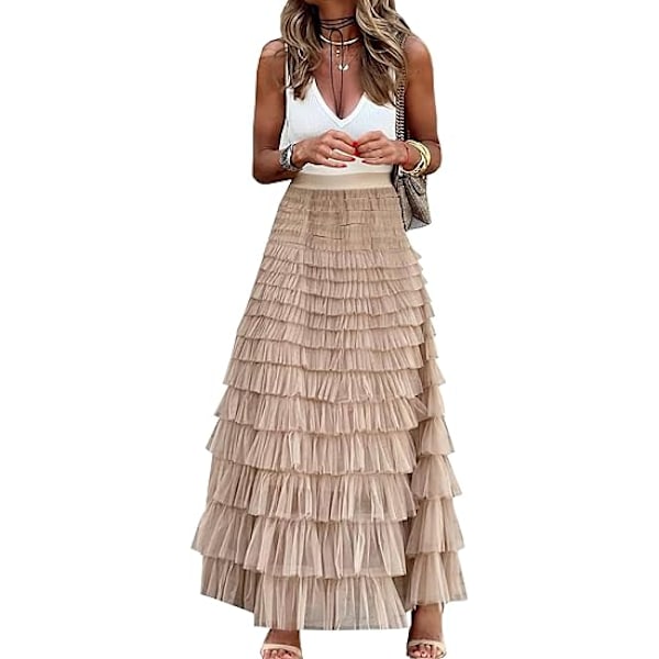 Lang Maxi Tulle Skjørt Kvinder A-Linje Ruffles Mesh Højtaljet Skørter Underkjole Khaki Khaki L