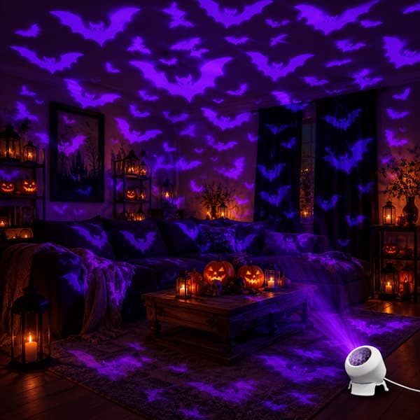 Dynamisk fladdermusprojektorlampa USB-driven 360 roterbar projicerar lila fladdermusväggmönster för sovrum vardagsrum skräckfester Halloween-dekor Bat