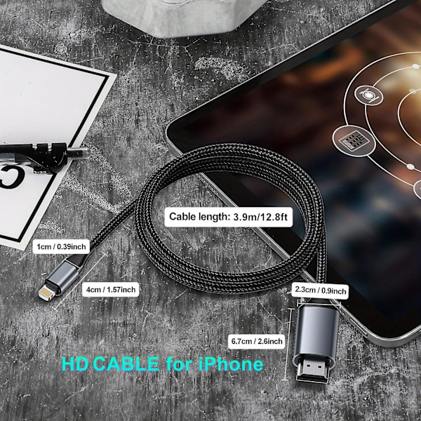 Lightning til HDMI Adapterkabel, HDMI Kabel til iPhone til TV Kompatibel med iPhone & YouTube til TV Output med 1080P HD Display 4 meter, Grå