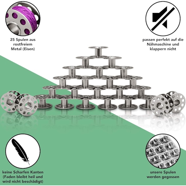 25 STK. - Symaskinespoler lavet af robust metal uden skarpe kanter