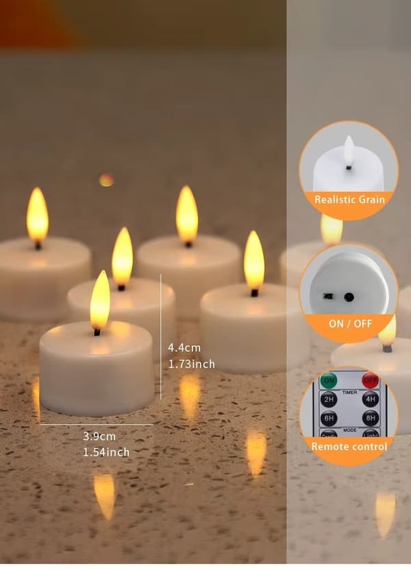 12-pack rechargeable LED candle tealights with remote control and timer without flame charge – flickering warm lights Halloween, Christmas and party decorations Vit white