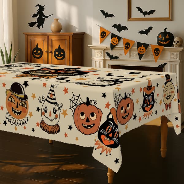 Halloween Dug Med Spøgelser Græskar Sorte Katte Og Flagermus - Rektangulær Polyester Borddug Til Køkken Spisestue Fest Indretning Orange Gul Rectangle-60×120in（152×305cm）