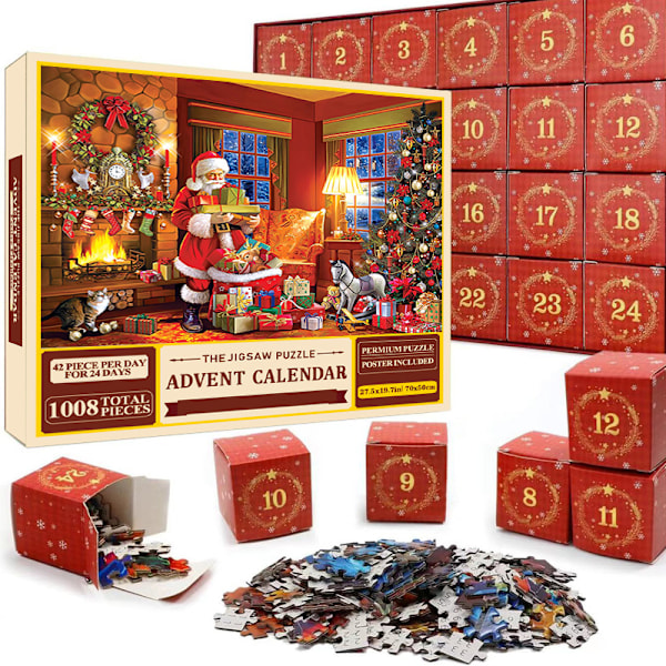 Puzzle Adventskalender 2024, 1008 puslespillbrikker 24 dager med jule-nedtelling Adventskalendere