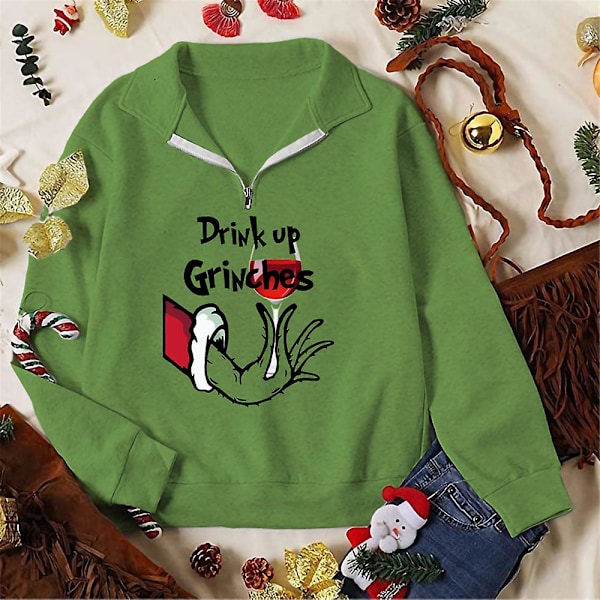 God Jul Santa Grinch V-ringad Dragkedja Sweatshirt Kvinnor Jul Rolig Grön Tryckt Långärmad Tröja Toppar stil 2 style 2 2XL