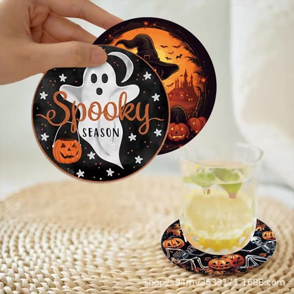 Halloween Træunderlag Sæt 8 Stykker Græskar Spøgelse Design til Hjemmekontor Indretning 8pcs