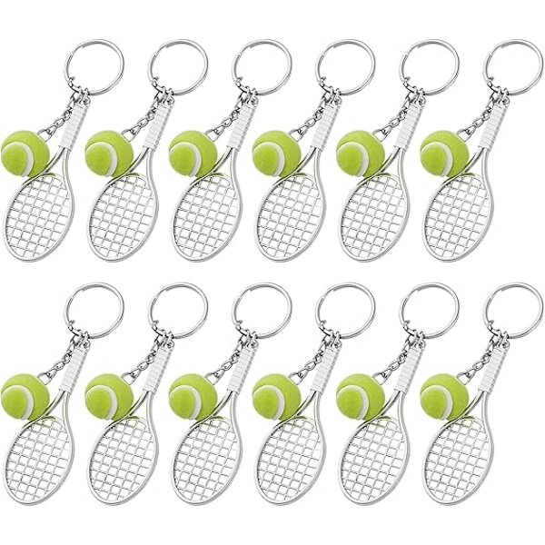 12 stk. sportstennis-nøkkelringer, mini tennisracket i metall