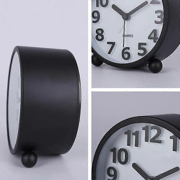 Silent Analog Alarm Clock, Black Metal Large 3D Numerals, Tick-Free Table Clock With Night Light Bedside Lamp 10.8cm