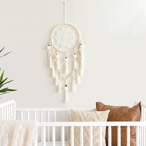 1 stk. Macrame Drømmefanger Vægdekoration med Pomponer Stor Hvid Drømmefanger Træperler Boho Vægophæng, Håndlavet Ta{hh}