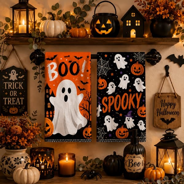 2-pack Halloween kökshanddukar med spöke- och pumpatryck, mjuka absorberande disktrasor för matlagning och bakning 2pcs