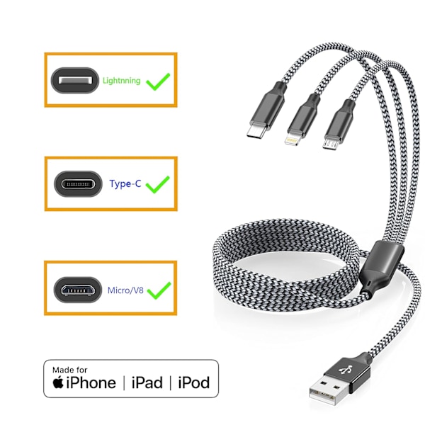 Useita latauskaapeleita 3-pakkauksessa 4FT Monilatauskaapeli Nopea kaapeli USB-latauskaapeli 3-in-1