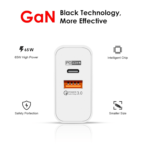 65W GaN Snabbladdare med USB-C Kabel, för Mobil och MacBook Pro