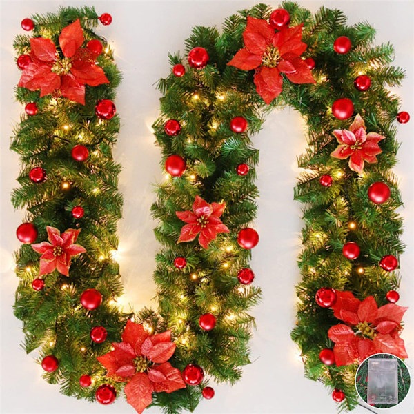 Christmas Tree Garland with LED Lights, 2.7m Artificial Rattan Christmas Wreath Door