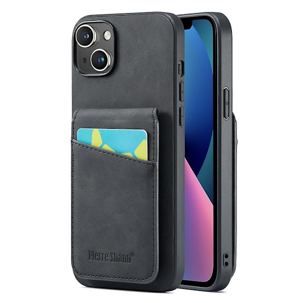 FIERRE SHANN Korthållare Telefonfodral för iPhone 13 RFID-blockering PU Läder+TPU Ställskydd Black