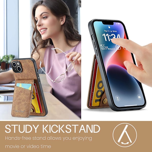 FIERRE SHANN Korthållare Telefonfodral för iPhone 13 RFID-blockering PU Läder+TPU Ställskydd Brown