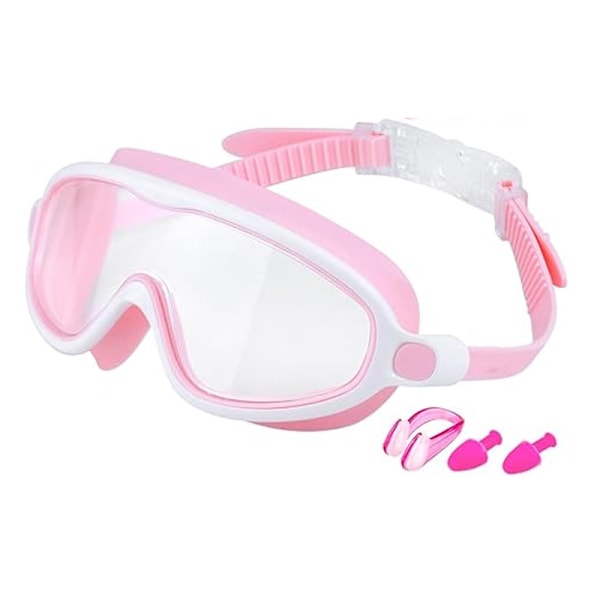 Barns simglasögon pojkar och flickor simning HD vattentäta och imskyddade stora simglasögon dykglasögon professionella glasögon Pink and white transparent