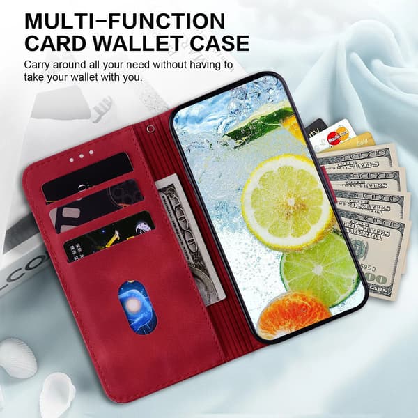 Preget 8-format relieff feste kortholder lommebokveske egnet for iPhone 7/iPhone 8/SE (2020), laget av PU-lærmateriale Red