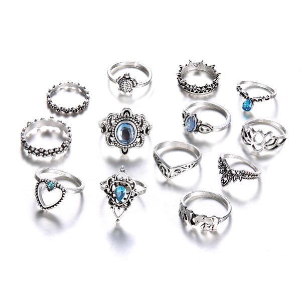 13-pak Boho Sølvringe - Blå Rhinestones, Hjerte & Elefant Si{hh]