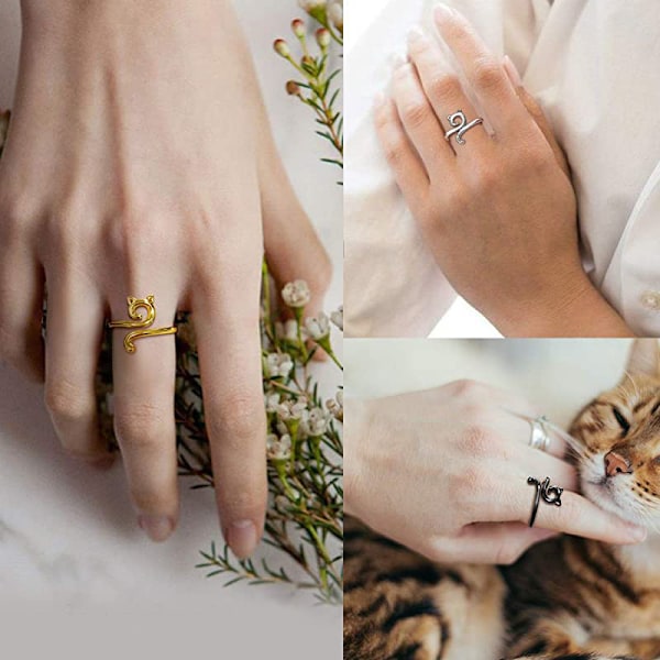 Söt katt justerbar ring S925 katt söt mjau stjärna silverring öppen glänsande Härlig C