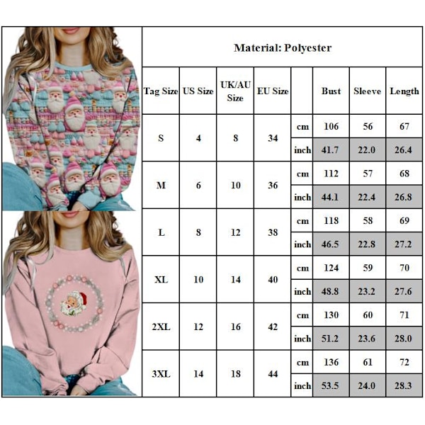 Julegenser for kvinner med rund hals, Santa Claus, løs genser A A S