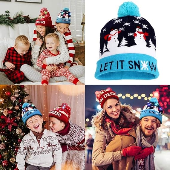 LED Julehat, Selvlysende Julehat Unisex Strikket Hat Feriehat med Hjortetryk til Fest (Blå) blue