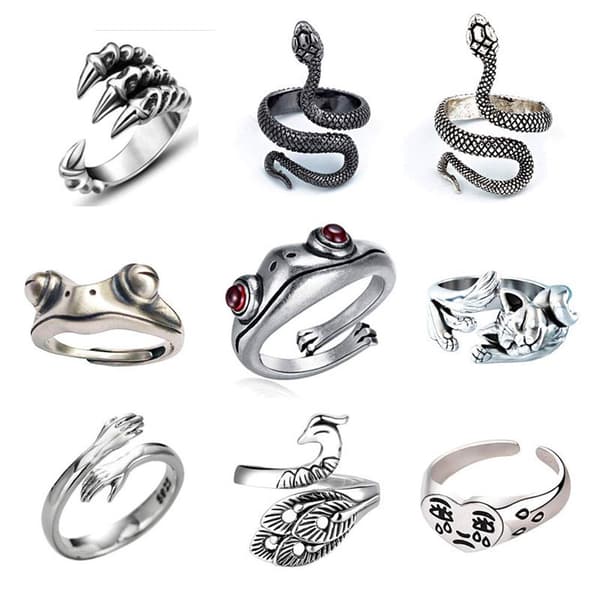 9-delt sæt vintage åbne ringe til mænd - frø, slange, kranie, cool punk-stil