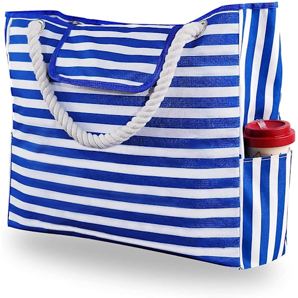 Strandtasker til kvinder Ekstra Stor Strandtaske Sandtæt Sød Strandtaske Lærredspooltaske med Indvendige Lommer Blå 56x38cm
