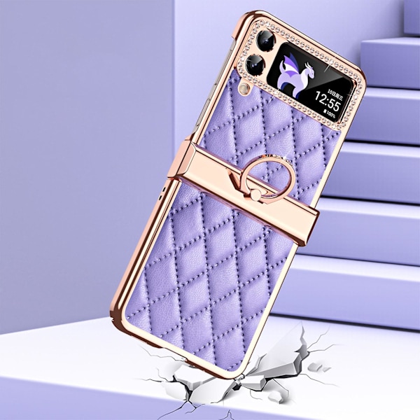 Pläterat skal kompatibelt med Samsung Galaxy Z Flip 4, PU-fodral med gångjärnsskydd och ringhållare Rosa Pink For Galaxy Z Flip 4