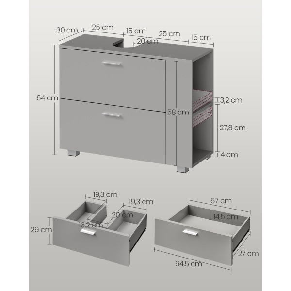 Rootz Dove Grey MDF vask underskab - Vaskeskab til badeværelset - Opbevaringsenhed - Rummeligt interiør - Nem montering - 30 cm x 80 cm x 64 cm