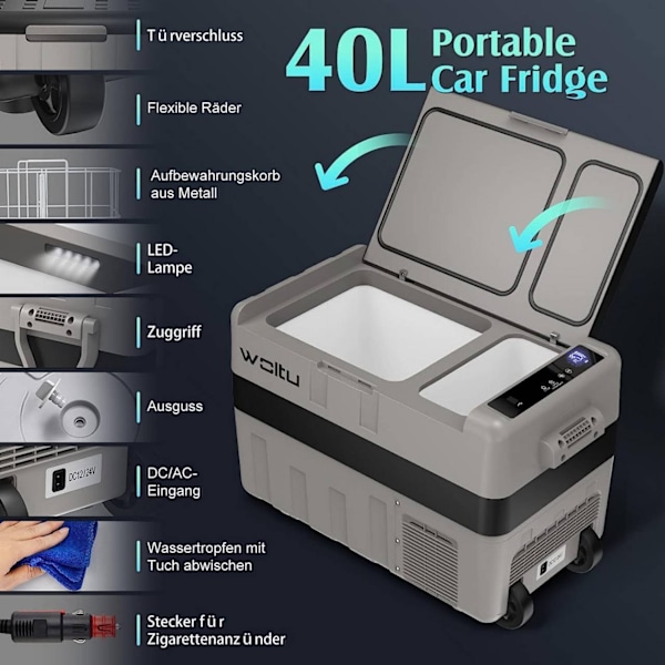 Rootz 40L bärbar bilkyl och frys - Elektrisk kylare - 2-i-1 kylning och frysning - Kompressorkylning - USB-port - Lågt brus - 65,2 cm x 46,5 cm x 37,8