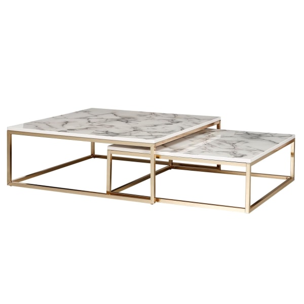 Rootz design sofabord sæt med 2 hvid marmor optik kantet - Sofaborde 2-delt bordstel metal guld - Ædle stueborde - Moderne redeborde