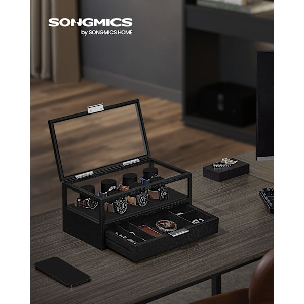 Rootz Watch Box Organizer - Smyckesförvaringsfodral - Displaystativ i trä - Konstruktion i massivt trä - Akryllock - MDF-interiör - 18 cm x 35,2 cm x