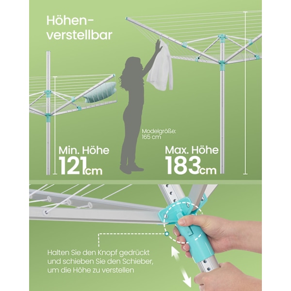 Rootz 50M -vaatteen linja - Pesulinja - kuivausteline - pitää 5 kuormaa - Säädettävä korkeus 121-183cm - 170 cm x 170cm - hopeavihreä