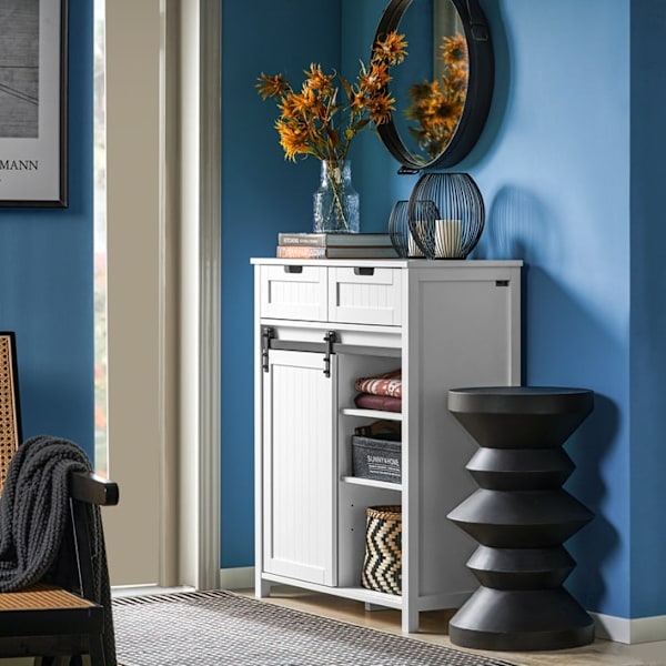 Rootz Moderne køkkenskab - Skænk med skydedør - Kommode - Buffet - Justerbare hylder - Elegant sort/hvidt design - Nem montering - 80 cm x 35 cm x 93