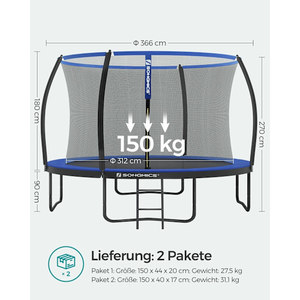Rootz 366cm studsmatta - Trädgårdstrampolin - Utomhusstudsmatta - Galvaniserad stålram - Skyddsnät - EPE-skum - 366cm x 90cm x 150kg