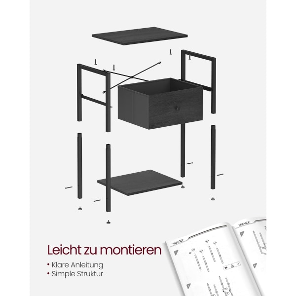 Rootz Sengebord - Natbord - Endebord - Spånplade stål ikke-vævet stof - 28cm x 38cm x 61cm - Sort - Letvægts - Robust konstruktion - Nem montering