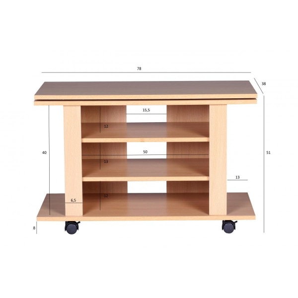 Rootz TV HiFi Bench Beech TV-taso, käännettävä ja rullattava 75 x 38 x 51 cm