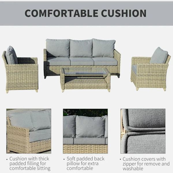 Rootz Polyrattan Havemøbelsæt - Havemøbler - Havesæt - Loungesæt - Loungemøbler med sofabord - Aluminium - Sædehynder - Brun/grå - 193L x 77W x 80,5H