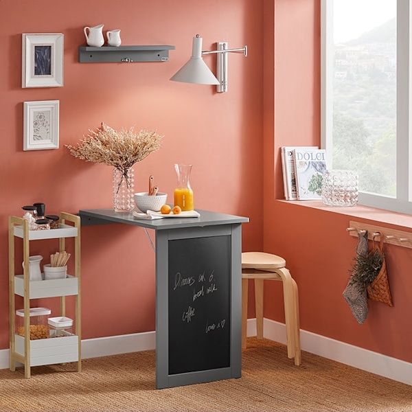 Rootz vægmonteret foldebord med tavle - Skrivebord - Spisebord - Pladsbesparende design - Kreativ Memoboard-overflade - Nem montering - Lysegrå - 50 c