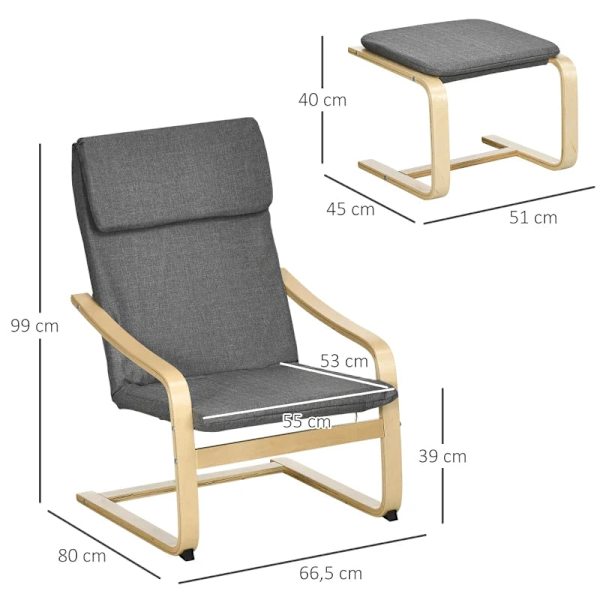 Rootz Lænestol med fodskammel - Lænestolssæt - Afslapningsstol - Linnedlook - Massivt træ - Grå + Natur - 66,5W x 80D x 99H cm
