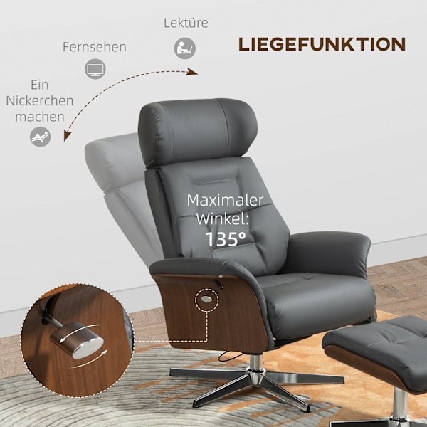 Rootz Relaxation Stol med afføring - Liggende drejestol - Læder Look lænestol - 360 ° Rotation - 80W x 84d x 108H cm