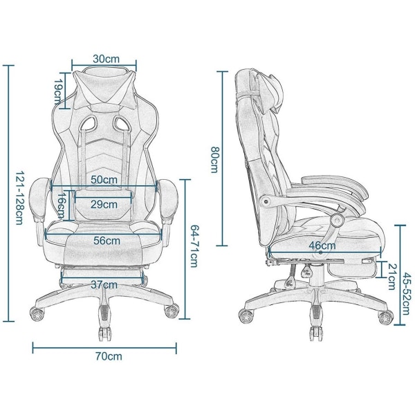 Rootz Gaming Chair - Kontorsstol - Datorstol - Justerbar komfort - Andningsmaterial - Ergonomiskt stöd - 121cm-128cm x 56cm x 46cm