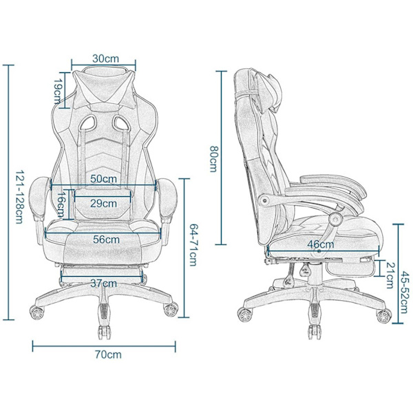 Rootz Gaming Chair - Kontorstol - Computerstol - Justerbar komfort - Åndbart materiale - Ergonomisk støtte - 121cm-128cm x 56cm x 46cm