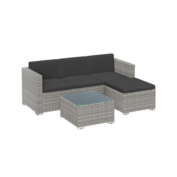 Rootz 4-delt grå PE polyrattan sofasæt - Udendørs møbler - Terrassesæt - VFT polstring - Pulverlakeret stål - Hærdet glas - 173cm x 60cm x 66cm