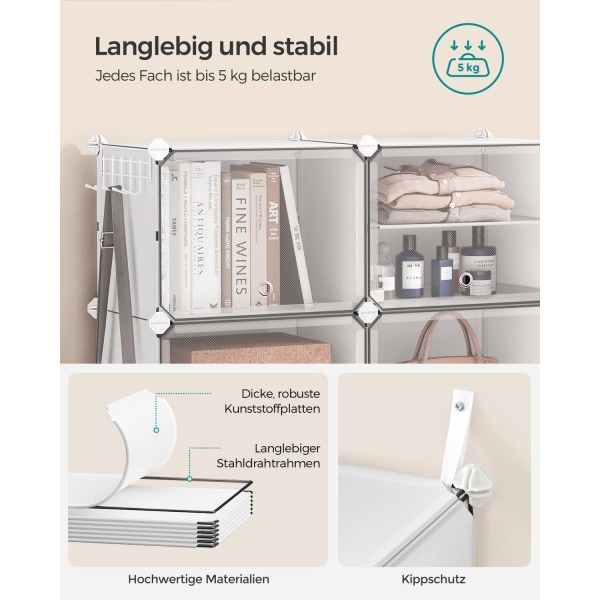 Rootz White 12 Cube Storage Organizer - Garderobsorganisator - Cube Organizer - ABS Plastic Connector - PP Plast Board - Stålram - 32cm x 83cm x 187cm