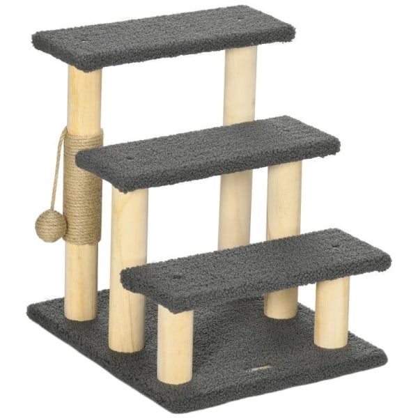 Rootz Kradsestolpe - Kattetræ - 3-lags Kitty Ladder - Katteklatrelegetøj - Kattetårn - Med boldlegetøj - Grå - 45 x 40 x 48 cm