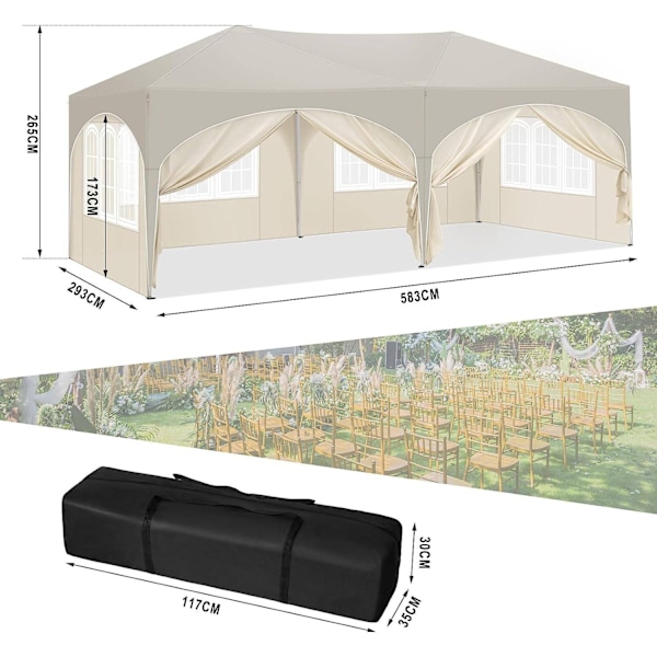 Rootz Havepavillon 3x6m - Udendørs baldakin - Pop-up telt - UV-beskyttelse - Vandafvisende - 250-254-258cm - Komplet tilbehør