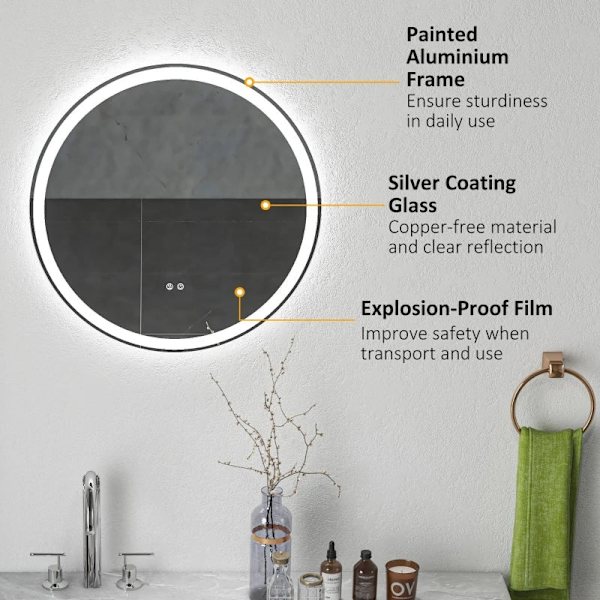 Rootz LED Badrumsspegel - Rund - Touchfunktion - Minnesfunktion - Ingen imma - Aluminiumram - Vit+Silver - 60 x 60 cm