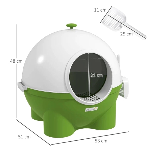 Rootz kattsandlåda - Sil - Skopa - Katter upp till 4 kg - Lätt att rengöra - Söt design - Plast - Grön + Vit - 53L x 51W x 48H cm