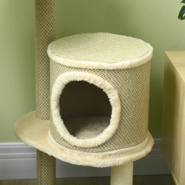 Rootz Kradsestolpe - Kattetræ - 1 Katteseng - 1 Kattehule - 2 liggeområder - Spånplade - Imiteret linned - Brun + Beige + Hvid - 124 cm x 59 cm x 40 c