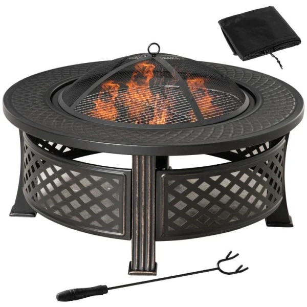 Rootz Fire Pit - Ildskål - Ildkurv - Ildbord - Rundt ildsted - Til havecamping - BBQ - Med Poker Spark Protection - Stål - Sort - 81 x 81 x 50 cm